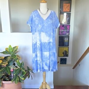 🏷️DAVI & DANI Blue Tie-Dye Swiss Dot A-line Mini Dress Size 3X Blue
